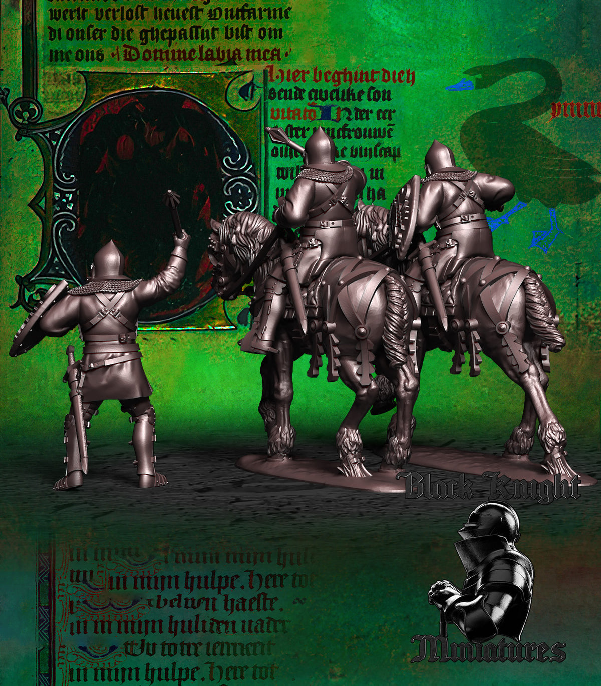 Jan Zizka, rear view of the three versions showing the horse barding and the shield straps, Black Knight Miniatures render