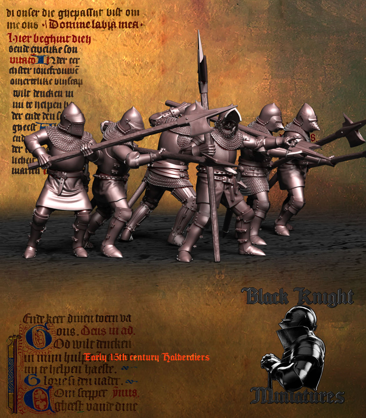 Early 15th Century Halberdiers unit, view from the front left, Black Knight Miniatures render
