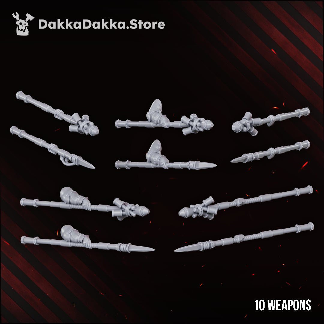 The ten lance prints of the Doomsday Assault Riders: a plain spear and a stick-bomb spear for each of the five riders, Dakka Dakka Store render
