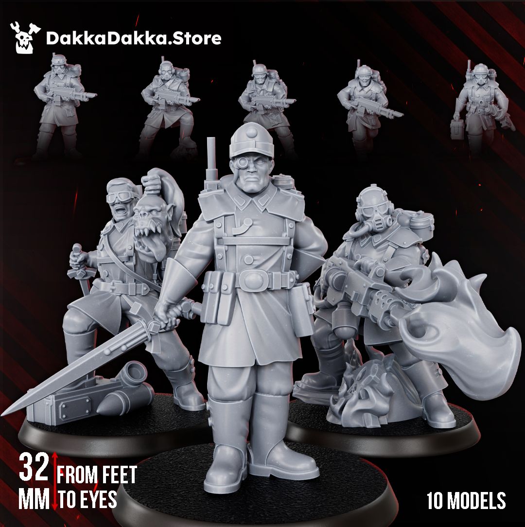 Doomsday Division squad group shot with officer, flamer trooper and trophy taker, 32mm resin miniatures