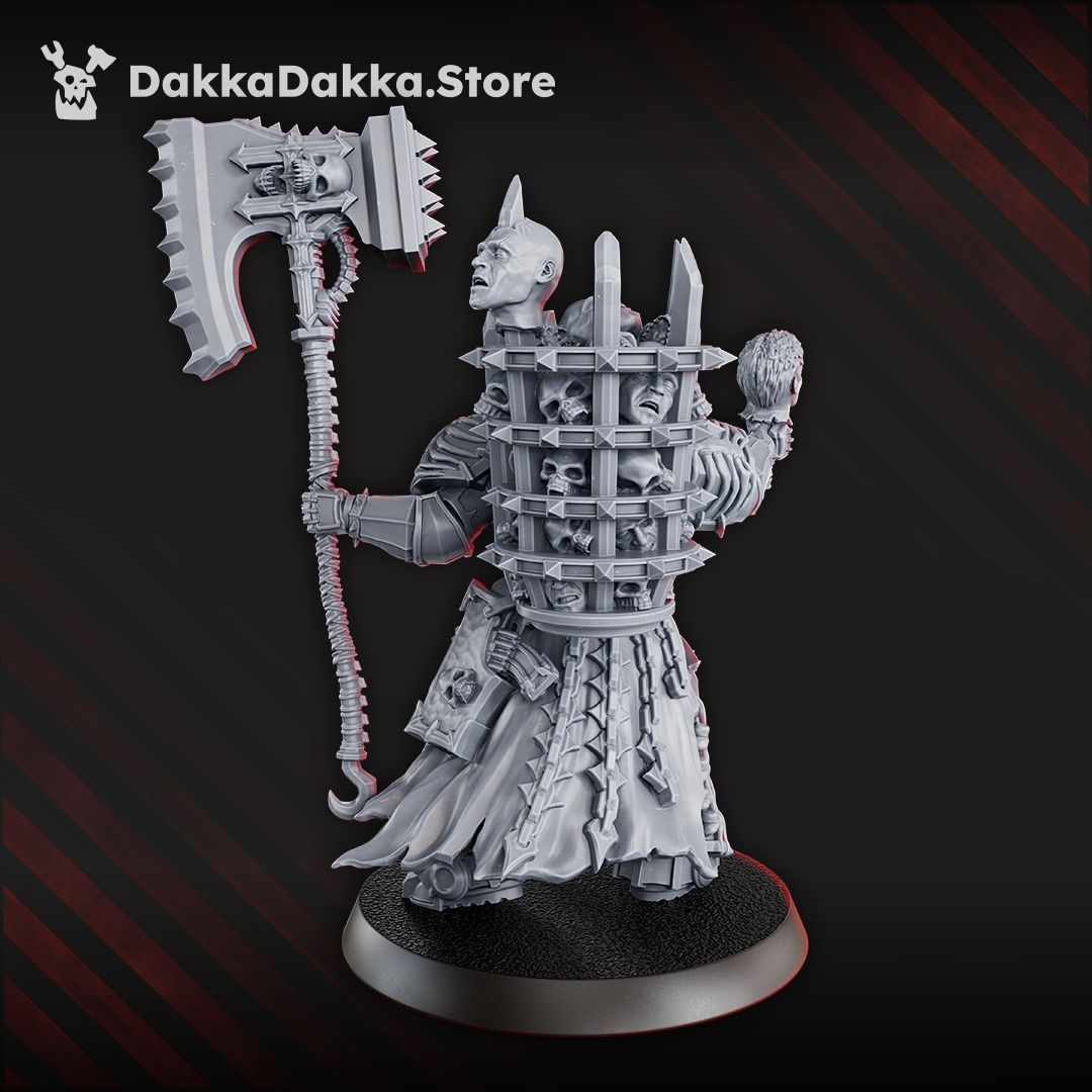 Alternate build with a caged reliquary backpack of trophy heads and a bare head, axe held high