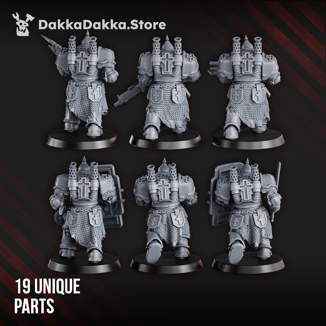 Six bogatyrs assembled from the build kit, rear view showing the exhaust-stack backs, Bullet Basilica render