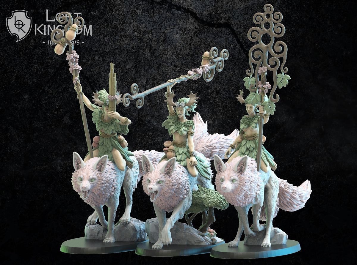 Nibi Riders Command Group, alternate angle designer render of the three fox riders with pan pipes, lantern staffs and standard