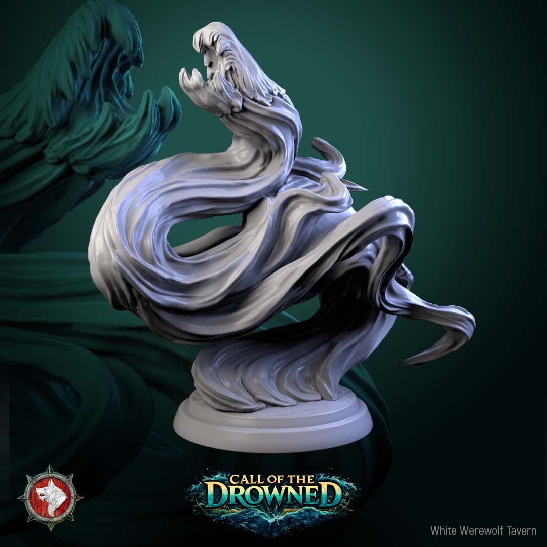Render of Water Elementals | 32mm Fantasy Elemental Miniatures: Six ghostly wave spirits with gaping maws and clawed hands, from White Werewolf's Call of the Drowned. 32mm 3D printed resin elementals, single or set.