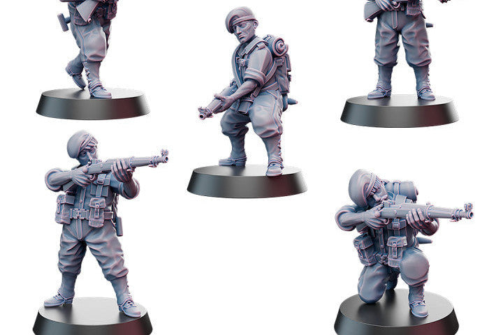 Five miniature figures of Australian Pacific Commando soldiers on stands with 'Kyoushuneko Miniatures' branding.