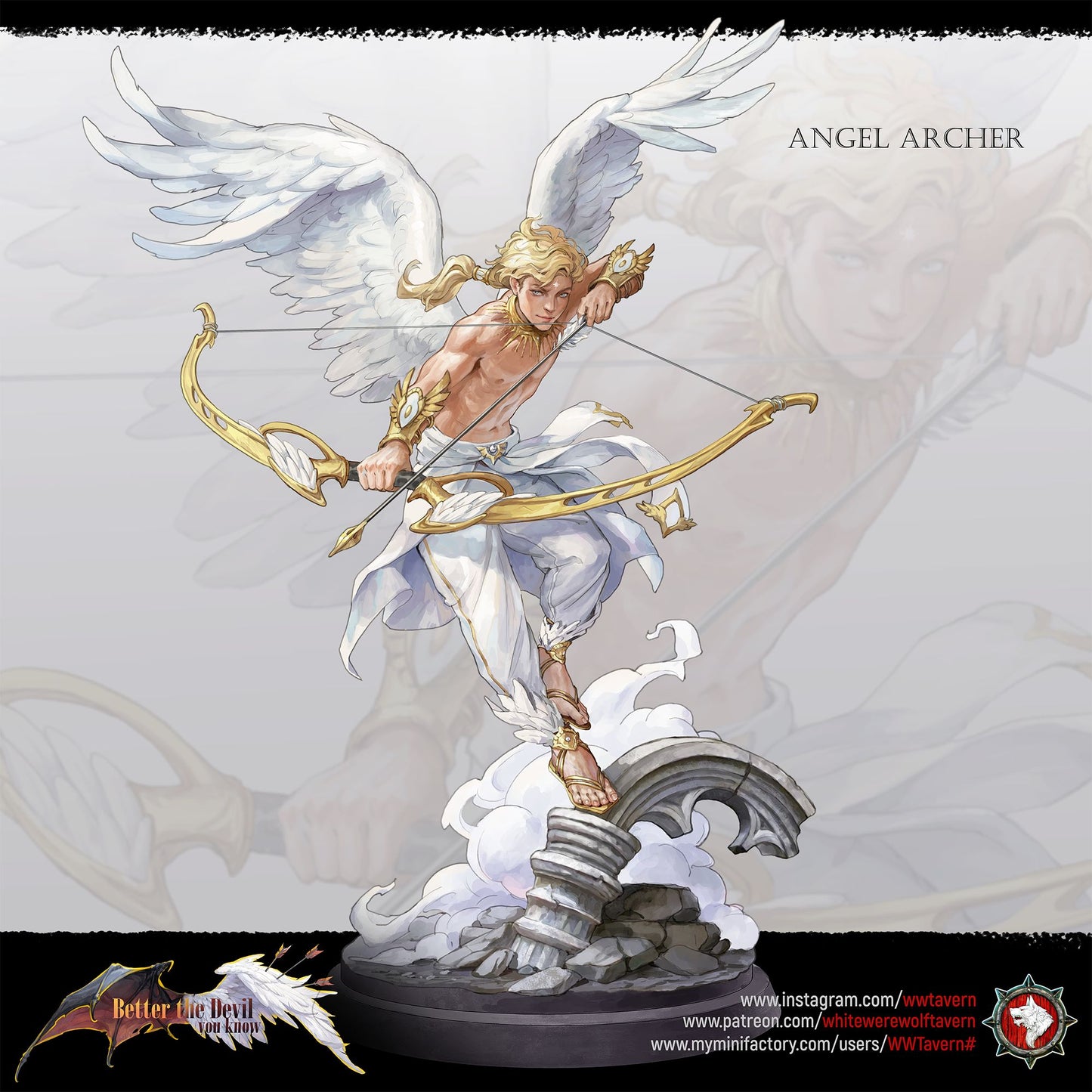 Render of Angel Archers | 32mm Celestial Archer Miniatures: Three winged celestial archers with ornate bows over ruins, from White Werewolf's Better the Devil You Know. 32mm 3D printed resin, single or set.