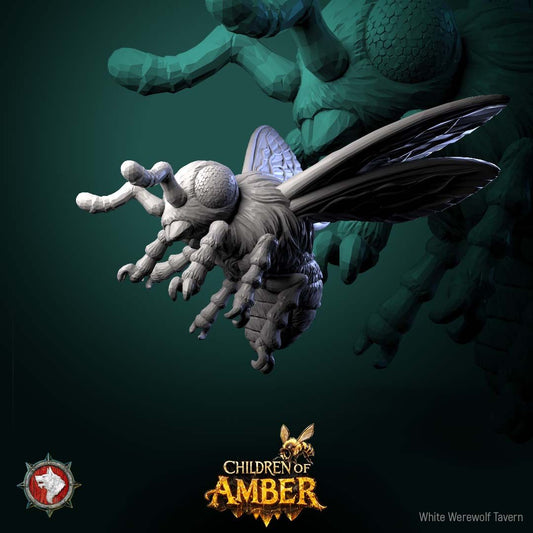 Render of Basing Insects Set | Bee and Wasp Scatter Miniatures: Four giant honeybees, a wasp, and a flower for basing, terrain, and swarm markers, from White Werewolf's Children of Amber. 3D printed resin scatter set.