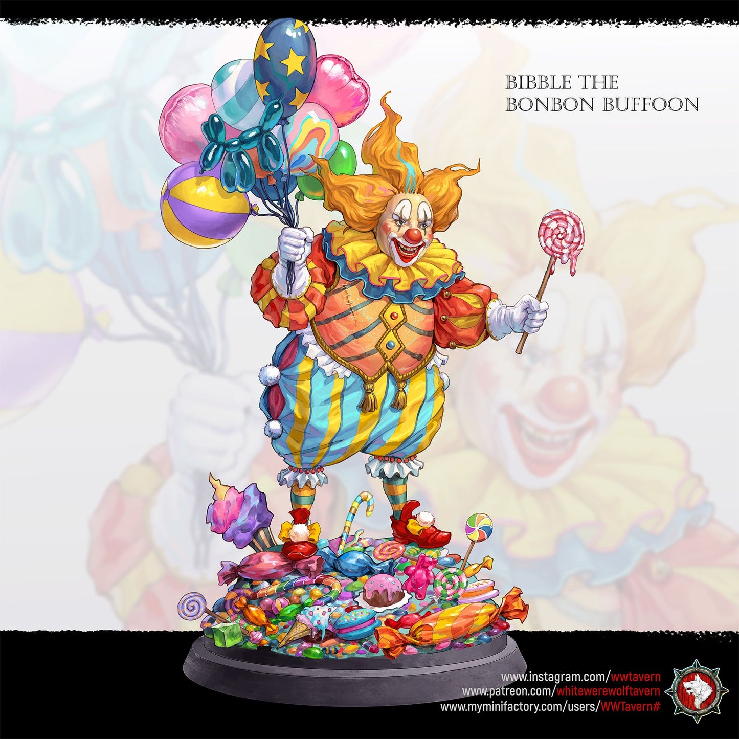 Render of Bibble the Bonbon Buffoon | 32-75mm Evil Clown Miniature: Grinning candy clown with balloon animals and dripping lollipop, from White Werewolf's The Marvel Hour dark circus. 32-75mm 3D printed resin miniature.