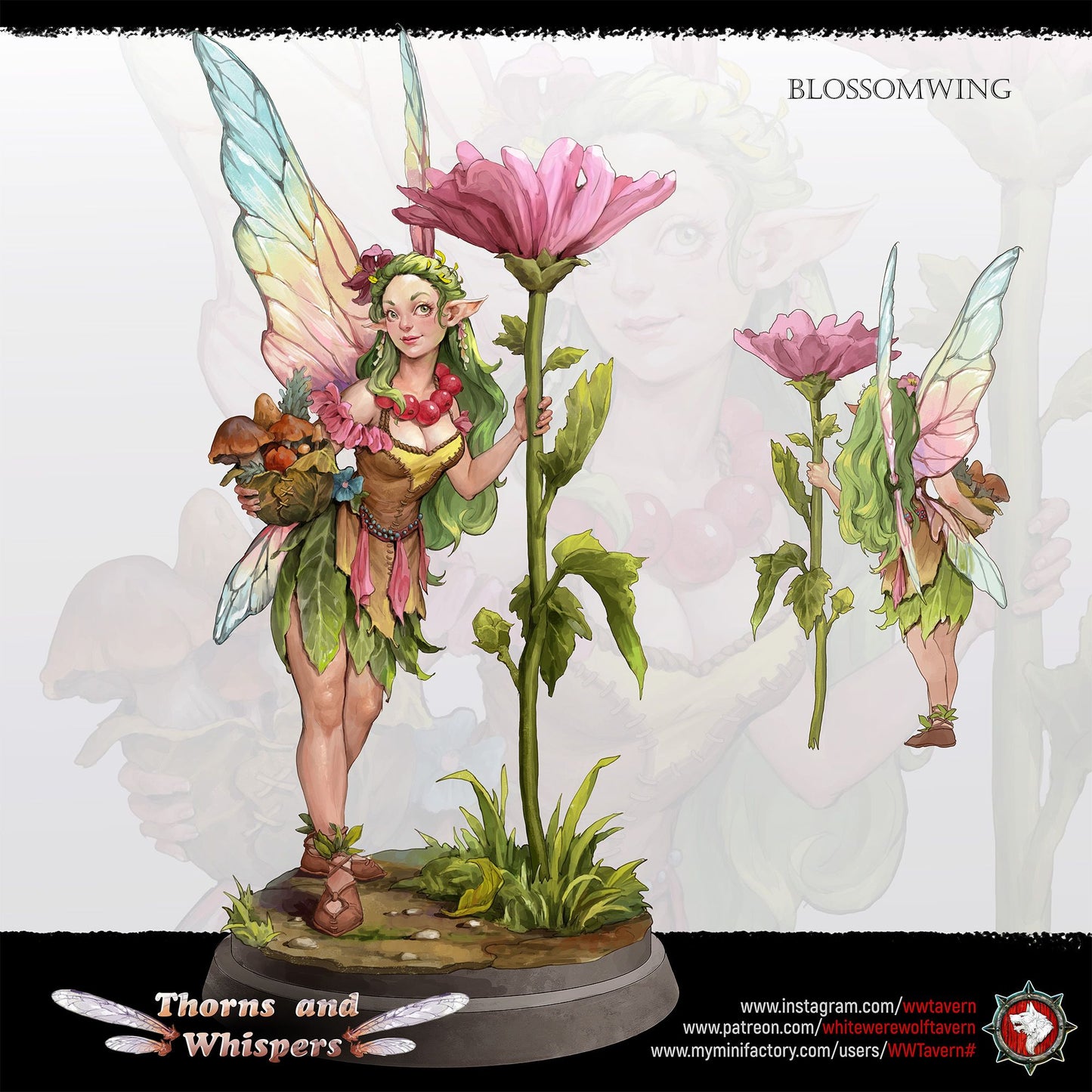 Blossomwing painted key art, fairy with iridescent wings holding a pink flower stem