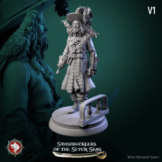 Render of Captain Aurelius Drake | 32-75mm Pirate Captain Miniature: Bearded pirate captain with parrot, cutlass, and hook-and-peg-leg build option, from White Werewolf's Swashbucklers of the Seven Seas. 32-75mm resin.