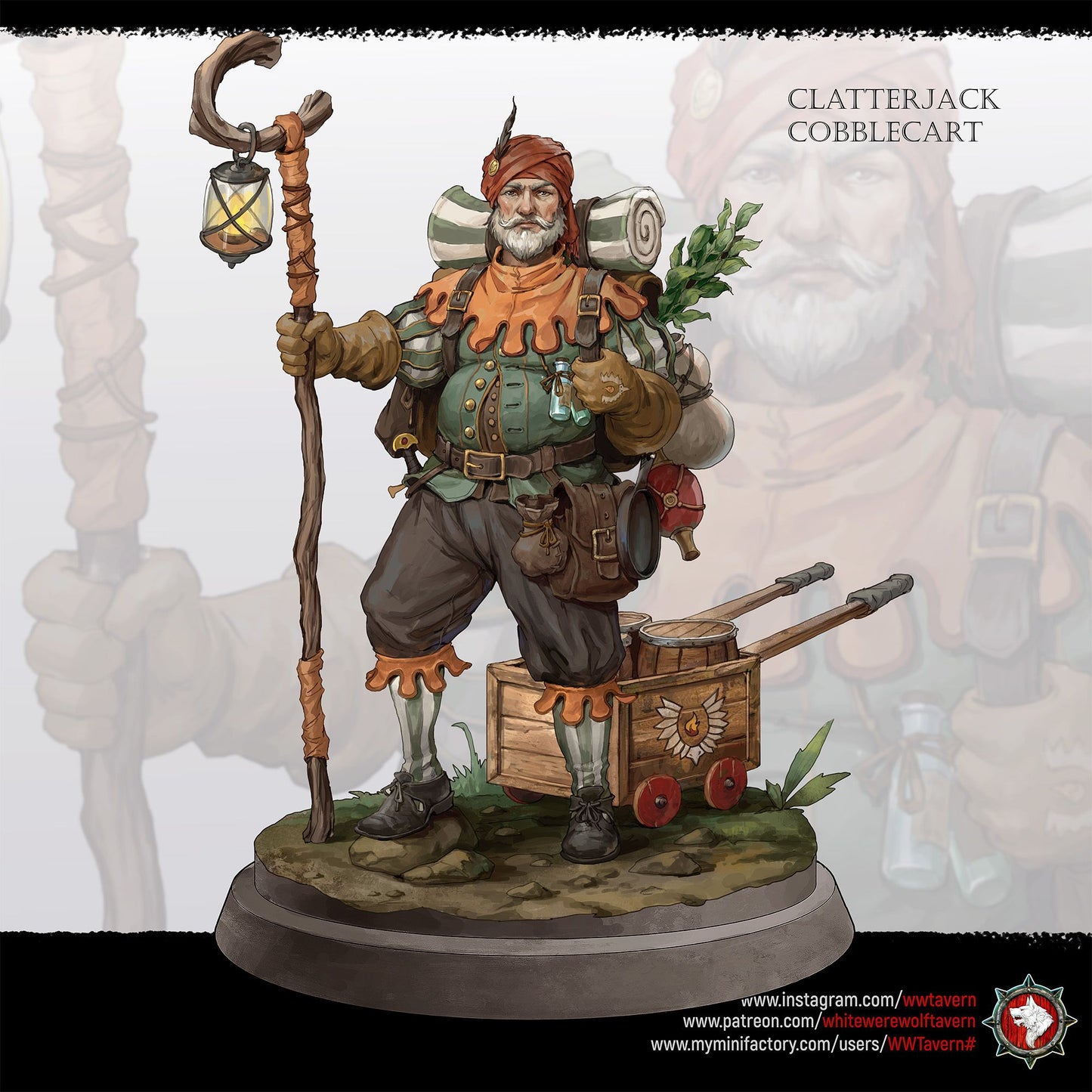 Render of Clatterjack Cobblecart | 32-75mm Peddler Miniature: Turbaned trinket peddler with lantern staff, heavy pack, and cart, from White Werewolf's The Marvel Hour dark circus. 32-75mm 3D printed resin miniature.