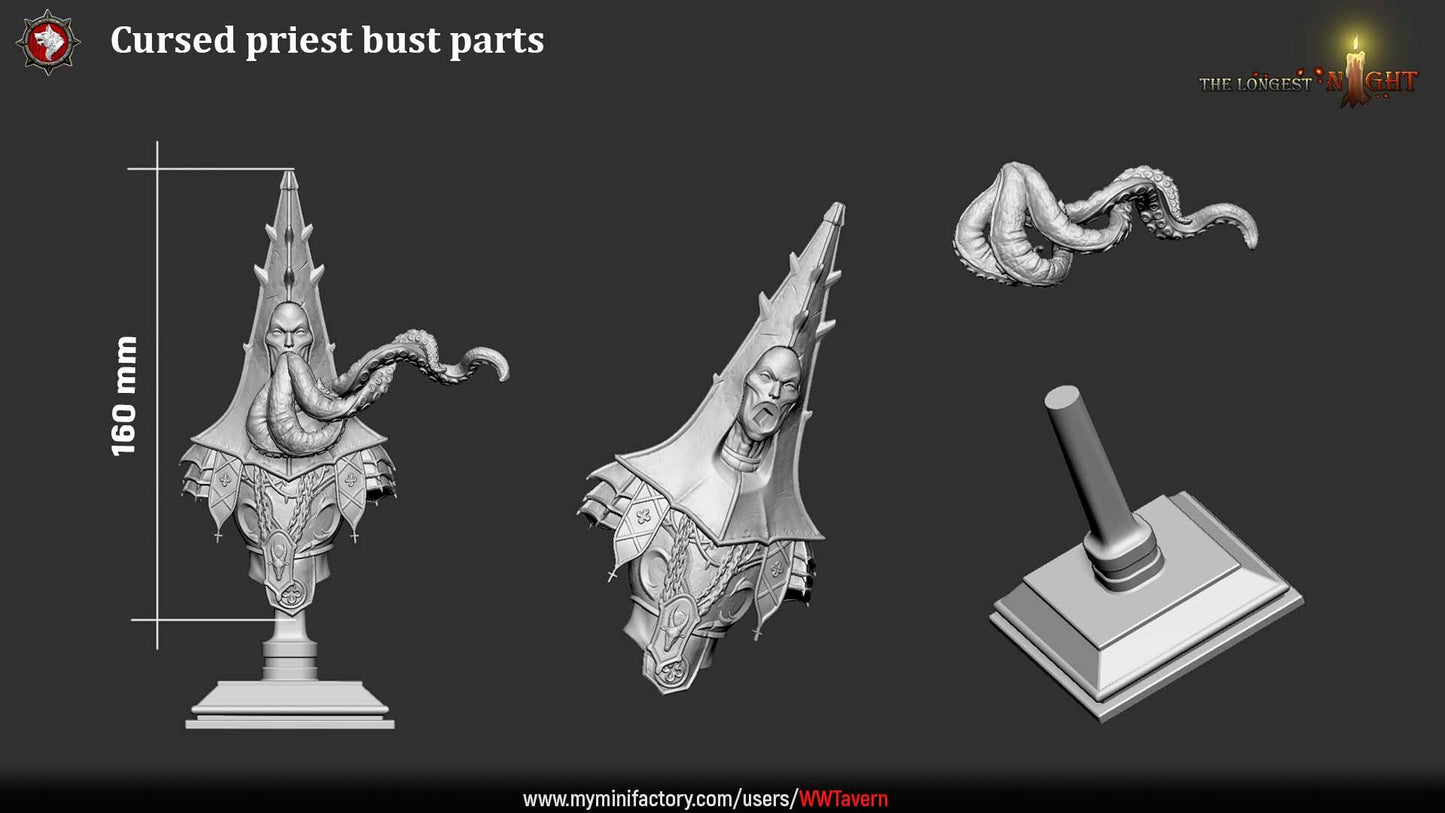 Render of Cursed Priest Bust | Dark Cleric Collector Bust: Tentacle-bearded priest bust in spiked mitre with chained vestments, from White Werewolf's The Longest Night. 3D printed resin collector bust with stand.