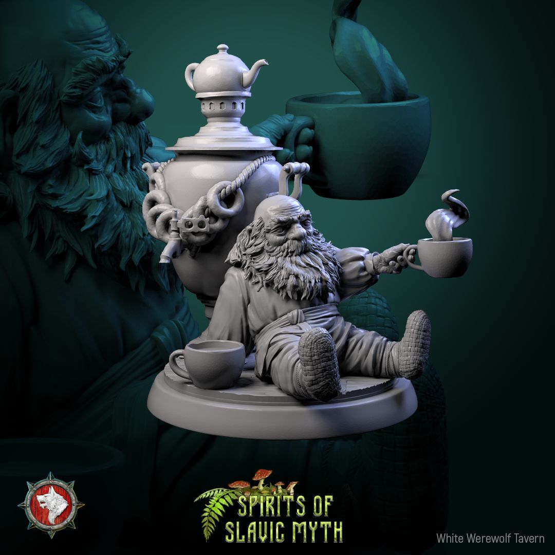 Render of Domovoi | 32mm Slavic House Spirit Miniatures: Three bearded domovoi house spirits with cat, samovar, and kasha pot, from White Werewolf's Spirits of Slavic Myth. 32mm resin, single or full set.
