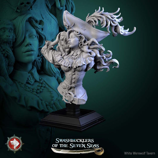 Render of Elisa Stormbreaker Bust | Female Pirate Collector Bust: Female pirate captain bust with plumed skull tricorn and shoulder monkey, from White Werewolf's Swashbucklers of the Seven Seas. 3D printed resin bust.