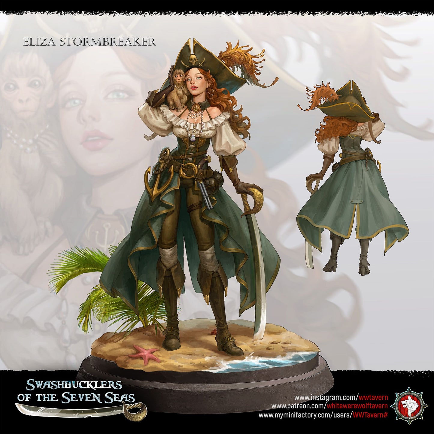 Render of Elisa Stormbreaker | 32-75mm Female Pirate Captain Miniature: Female pirate captain with plumed skull tricorn, shoulder monkey, and sword, from White Werewolf's Swashbucklers of the Seven Seas. 32-75mm printed resin.