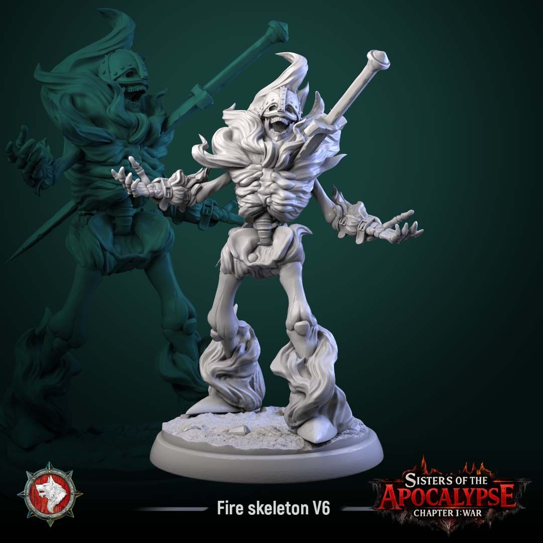 Render of Fire Skeletons | 32mm Dark Fantasy Undead Miniatures: Six flaming undead skeleton soldiers from White Werewolf's Sisters of the Apocalypse. Dark-fantasy 3D printed resin tabletop and display miniatures.