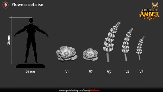 Render of Fantasy Flowers Scatter | Forest Terrain Set | White Werewolf: Five oversized fantasy flower clusters for fey forest tables, scenic groundwork, and dioramas, from Children of Amber. 3D printed scatter terrain set.