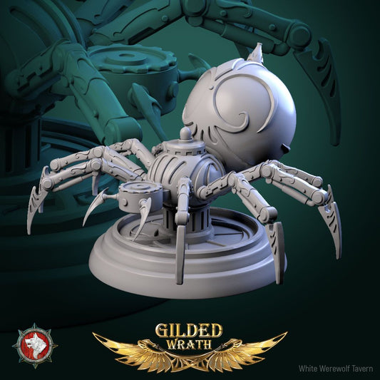 Render of Golden Loom Crawlers | 32mm Spider Construct Miniatures: Six orb-bodied filigree spider constructs with bladed legs, from White Werewolf's Gilded Wrath. 32mm 3D printed resin, single or full set.