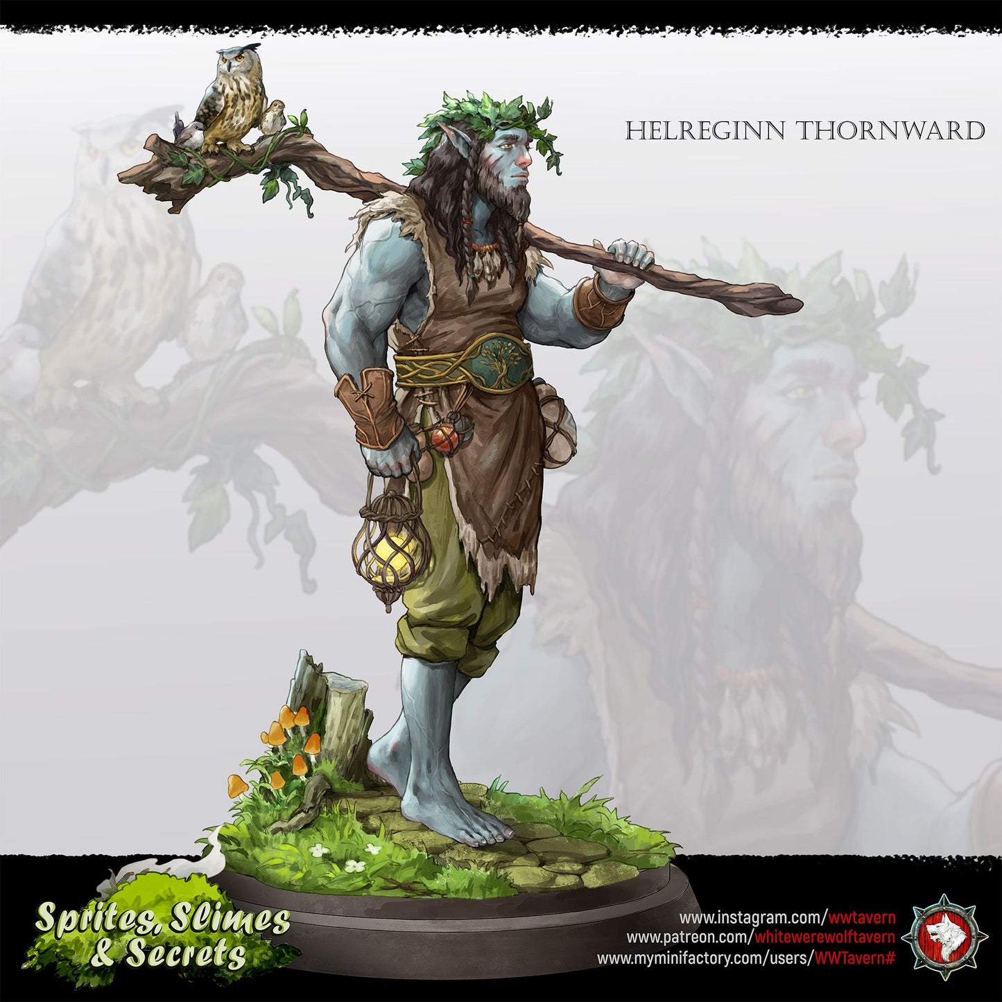 Render of Helreginn Thornward | 32-75mm Forest Sentinel Miniature: Wild-man forest sentinel with driftwood club, bird companion, and woven lantern, from White Werewolf's Sprites, Slimes and Secrets. 32-75mm resin.