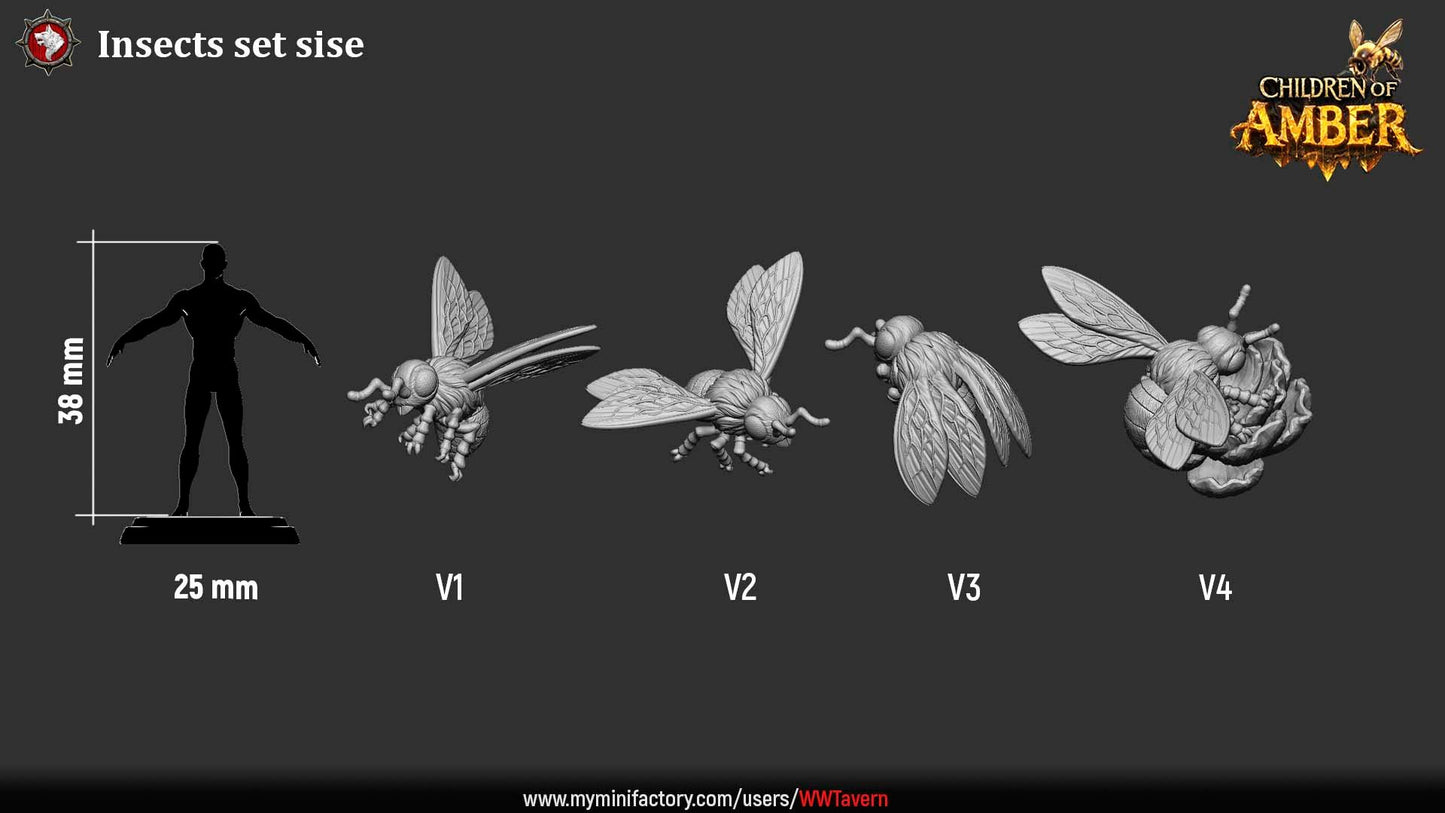 Render of Basing Insects Set | Bee and Wasp Scatter Miniatures: Four giant honeybees, a wasp, and a flower for basing, terrain, and swarm markers, from White Werewolf's Children of Amber. 3D printed resin scatter set.