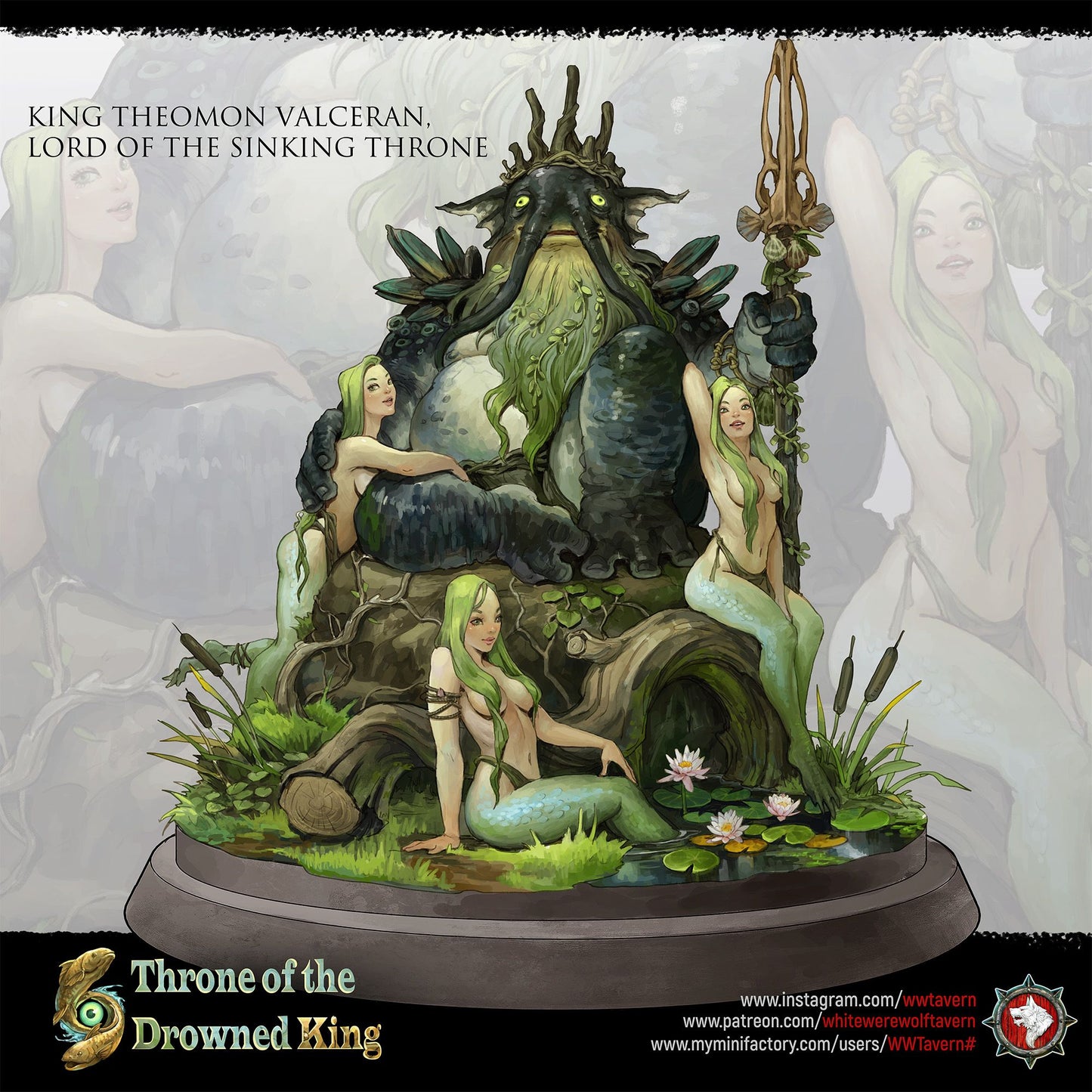 Render of King Theomon Valceran | 32-75mm Drowned King Diorama: Elephant-trunked swamp king on his sinking throne with three mermaids, from White Werewolf's Throne of the Drowned King. 32-75mm resin centerpiece.