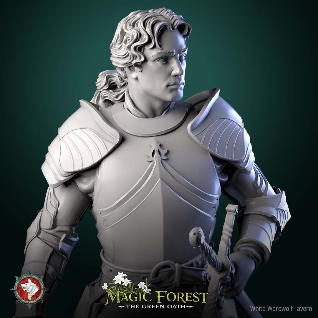 Render of Kings Guard Display Model | 75mm Knight Miniature: Plate-armored kings guard knight with longsword and cloak on cracked flagstones, from White Werewolf's Magic Forest: The Green Oath. 75mm 3D printed resin.