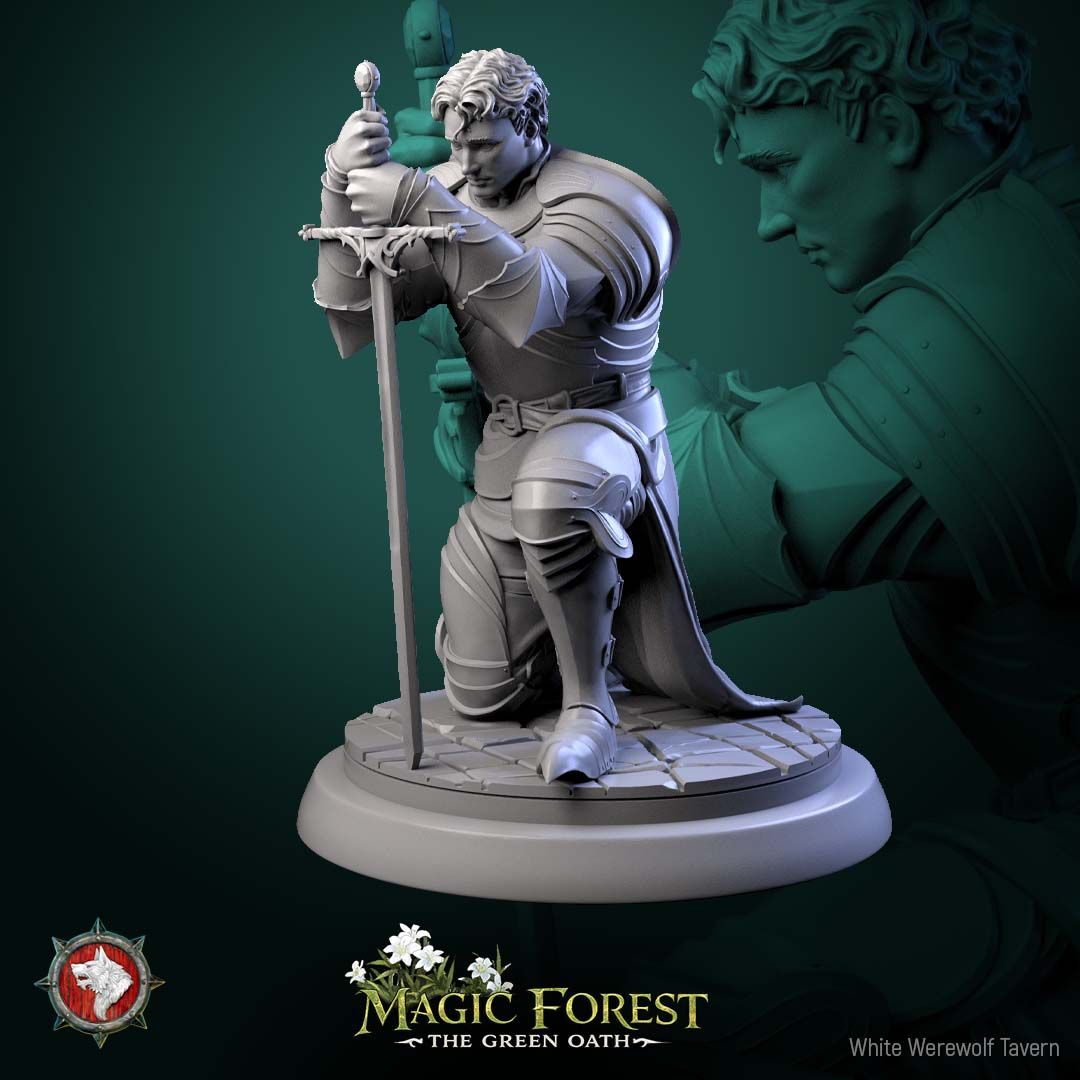 Render of Kings Guard | 32mm Knight Miniatures | White Werewolf: Six plate-armored kings guard knights with longswords on flagstone rounds, from White Werewolf's Magic Forest: The Green Oath. 32mm 3D printed resin.