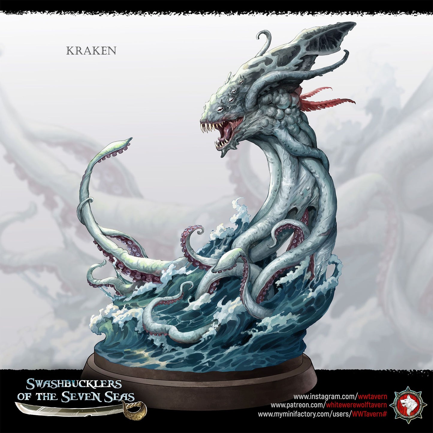 Render of Kraken | 32mm Sea Monster Miniature | White Werewolf: Horned mantle-headed kraken with six coiling tentacles rising from the waves, from White Werewolf's Swashbucklers of the Seven Seas. 32mm 3D printed resin.