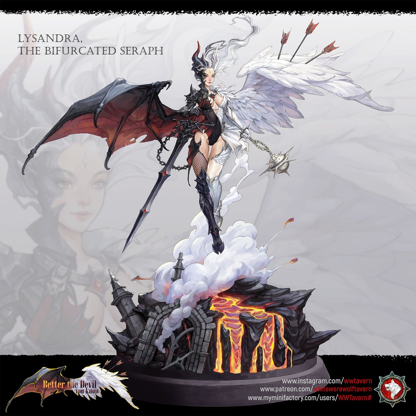 Render of Lysandra the Bifurcated Seraph | 32-75mm Fallen Angel Miniature: Half-angel, half-devil winged seraph with a longsword and spiked chain flail, from White Werewolf Tavern. 32mm and 75mm 3D printed resin miniature.