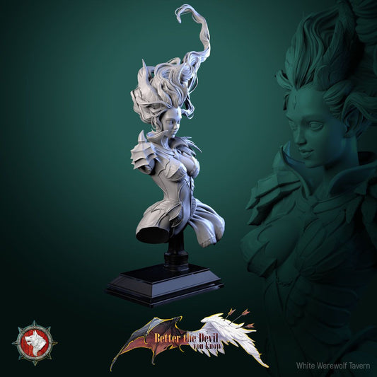 Render of Lysandra Bust | Bifurcated Seraph Collector Bust: Half-divine half-infernal seraph bust with feathers and flame, from White Werewolf's Better the Devil You Know. 3D printed resin collector bust.