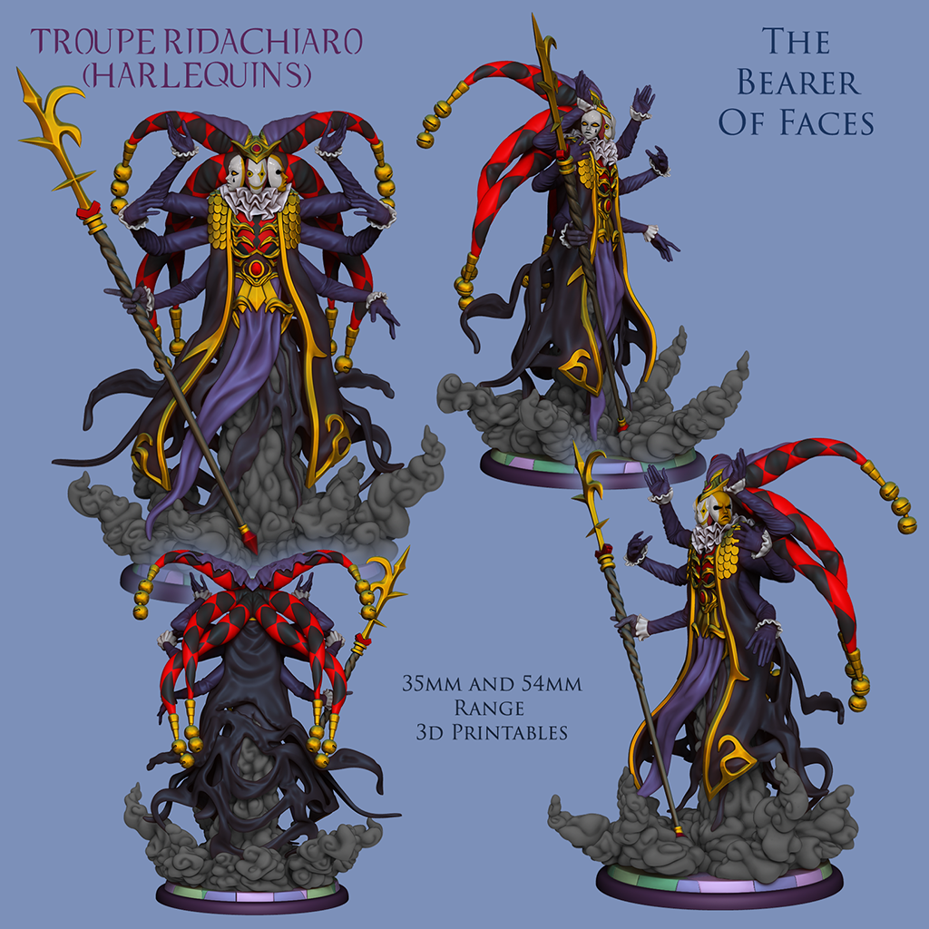 The Bearer Of Faces | Troupe Ridachiaro - Harlequins | 28mm-120mm Scale | Resin 3D Printed Miniature | Ronin Arts Workshop