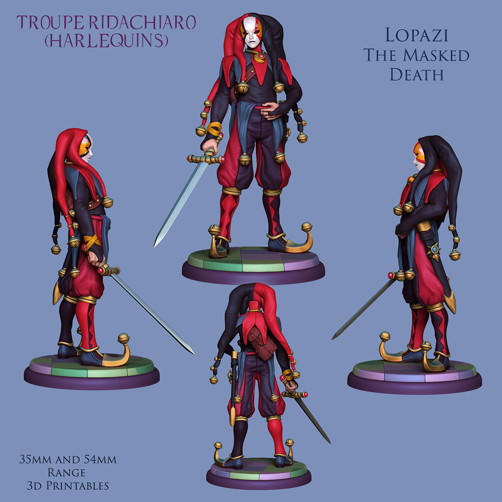 Lopazi - The Masked Death | Troupe Ridachiaro - Harlequins | 28mm-120mm Scale | Resin 3D Printed Miniature | Ronin Arts Workshop