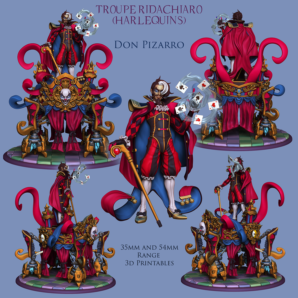 Don Pizarro | Troupe Ridachiaro - Harlequins | 28mm-120mm Scale | Resin 3D Printed Miniature | Ronin Arts Workshop