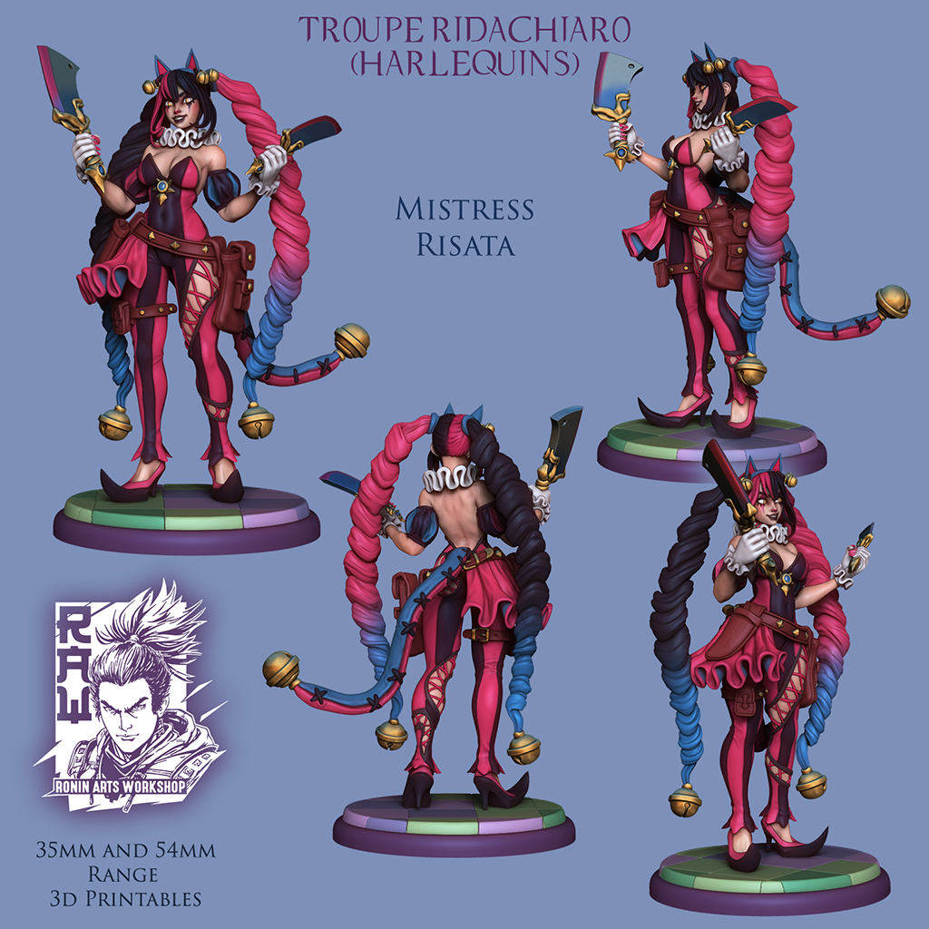 Mistress Risata | Troupe Ridachiaro - Harlequins | 28mm-120mm Scale | Resin 3D Printed Miniature | Ronin Arts Workshop