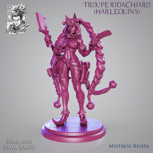 Mistress Risata | Troupe Ridachiaro - Harlequins | 28mm-120mm Scale | Resin 3D Printed Miniature | Ronin Arts Workshop