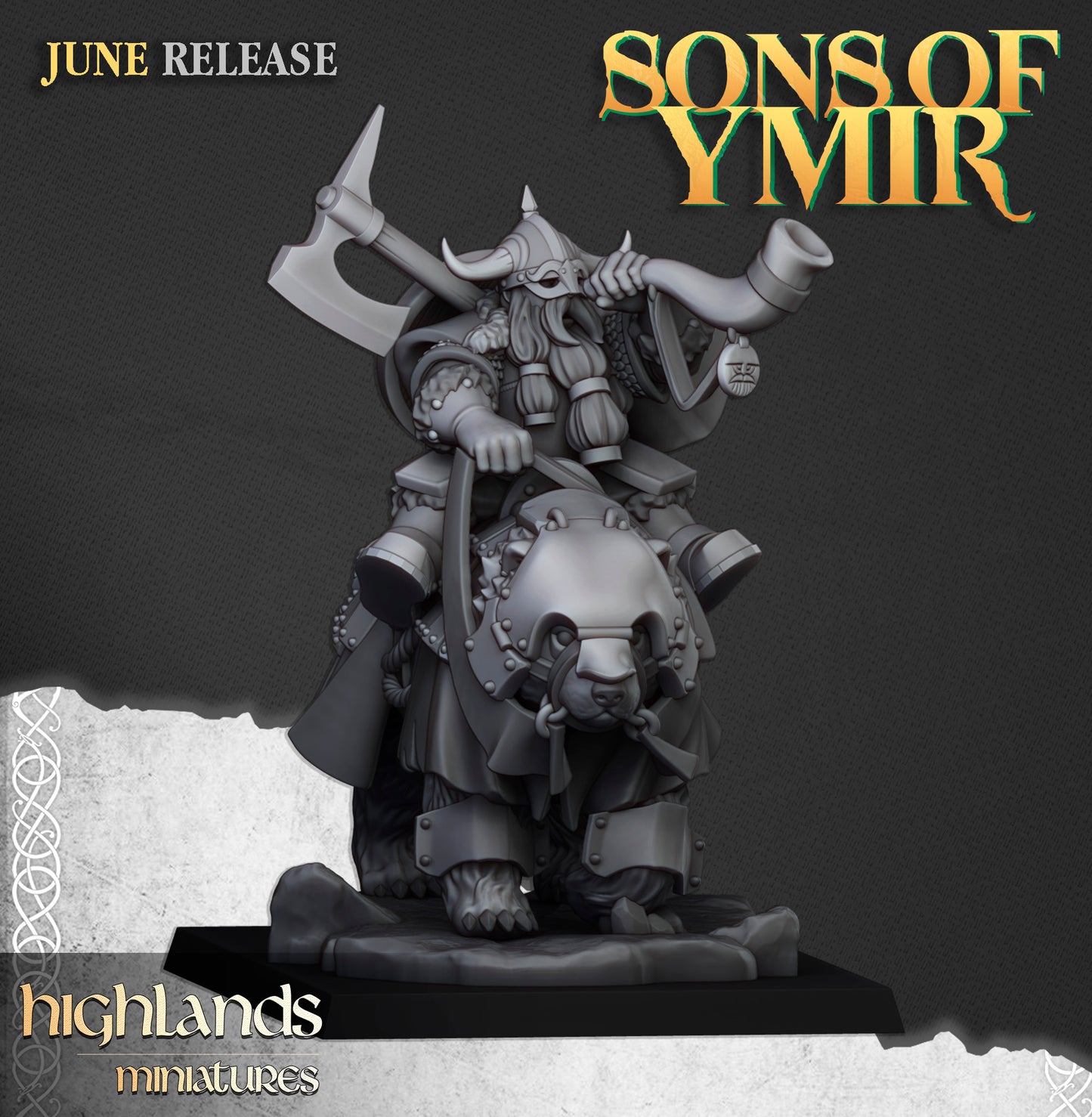 Heavy dwarf bear rider musician with horn