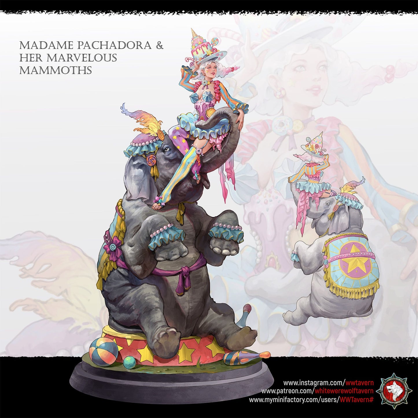 Render of Madame Pachadora | 32-75mm Circus Ringmistress Miniature: Circus ringmistress in cake hat and ruffled tutu on a star podium, from White Werewolf's The Marvel Hour dark carnival. 32-75mm 3D printed resin.