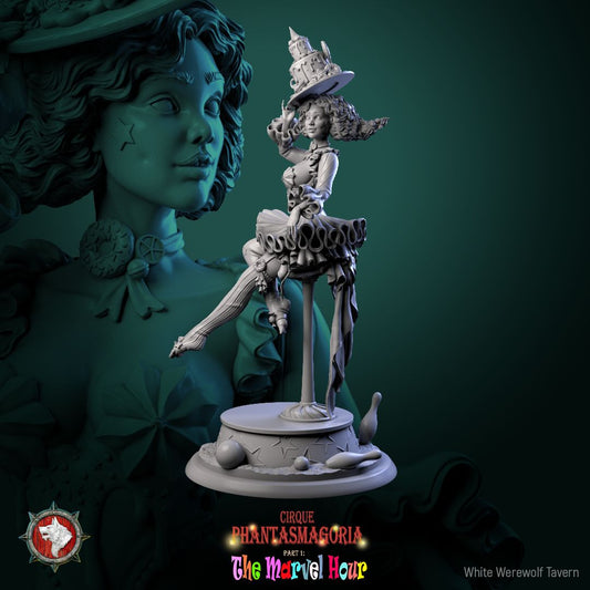 Render of Madame Pachadora | 32-75mm Circus Ringmistress Miniature: Circus ringmistress in cake hat and ruffled tutu on a star podium, from White Werewolf's The Marvel Hour dark carnival. 32-75mm 3D printed resin.