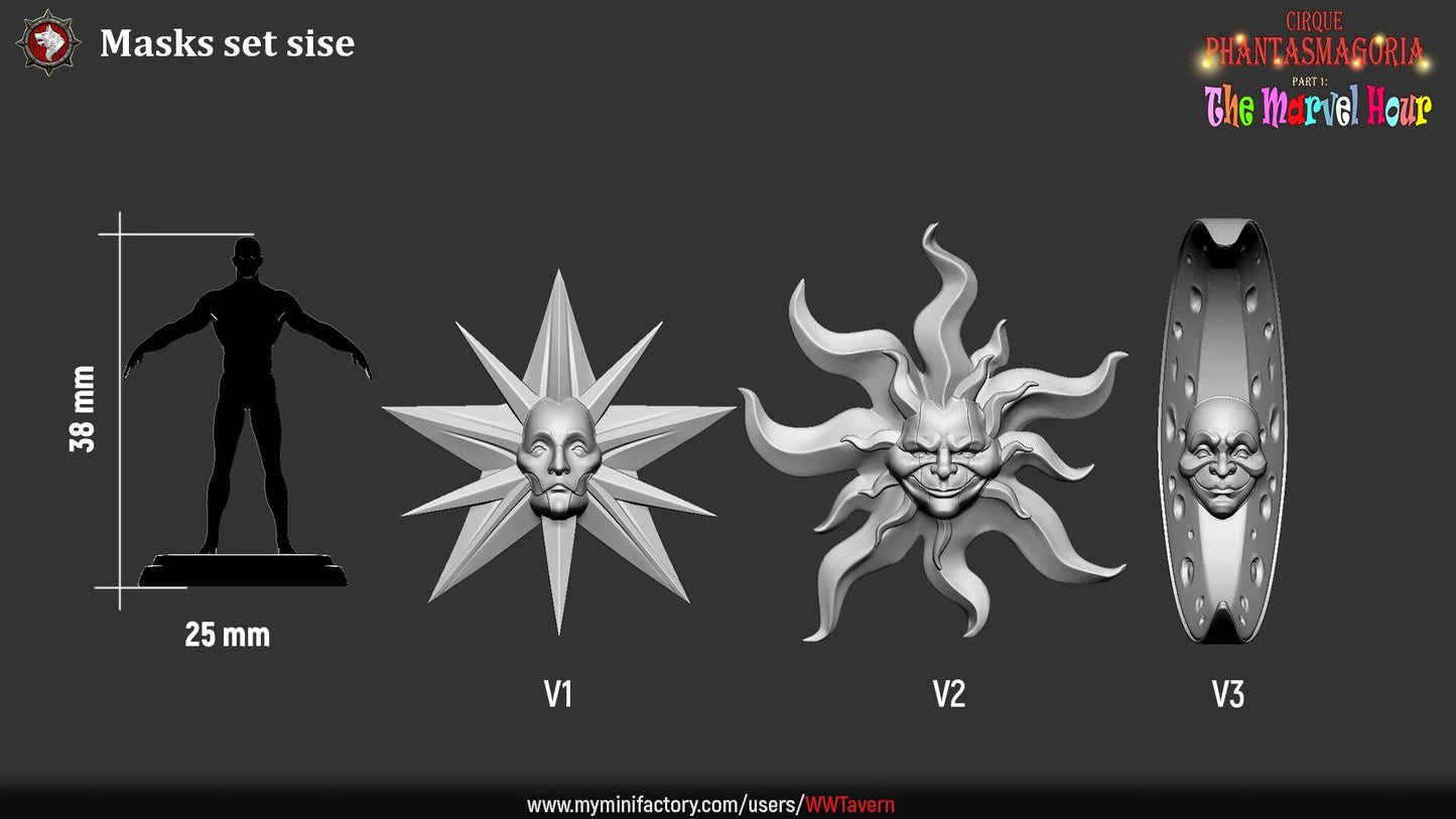 Render of Carnival Masks | Moon, Star, and Sun Scatter Props: Crescent moon, star, and sun carnival masks from White Werewolf's The Marvel Hour dark circus. 32mm 3D printed resin scatter props, single or set.