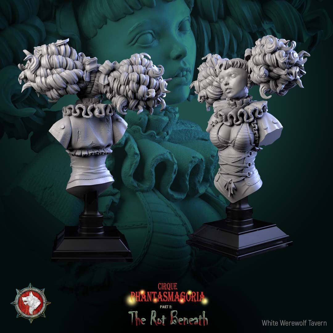 Render of Mimette Bust | Marionette Maiden Collector Bust: Doll-jointed marionette maiden bust with ringlets and ruffled collar, from White Werewolf's The Rot Beneath. 3D printed resin collector bust with stand.