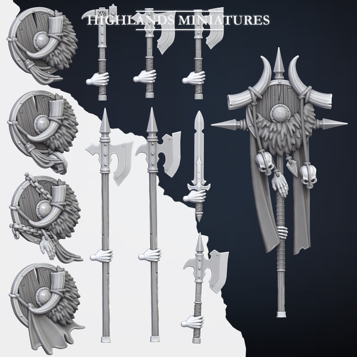 Norse Huscarl weaponry sheet: shield designs, axes, hammer, halberds, sword and the unit banner, Highlands Miniatures render