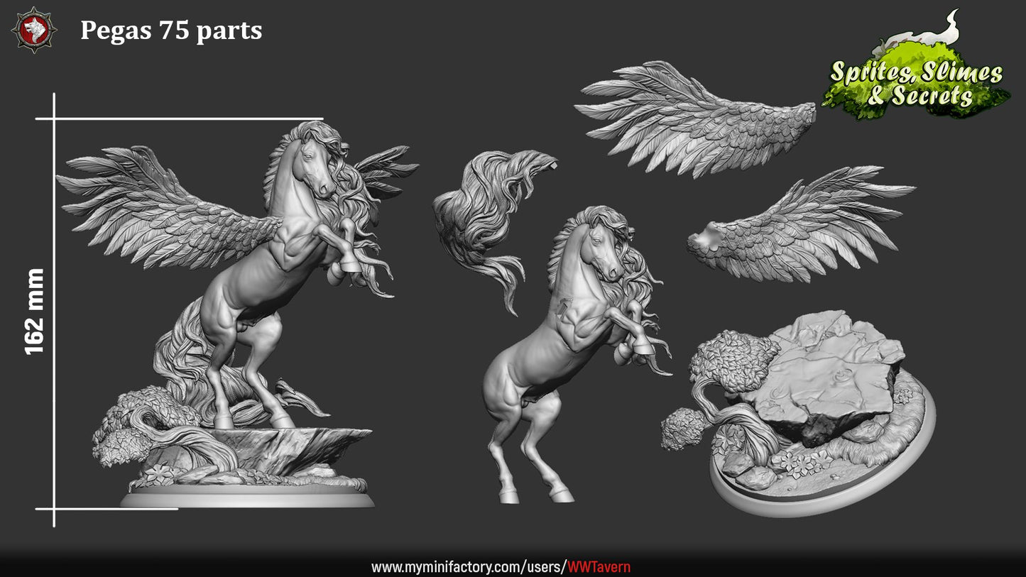 Render of Pegasus | 32-75mm Winged Stallion Miniature: Rearing winged pegasus with spread wings and flowing mane, from White Werewolf's Sprites, Slimes and Secrets. 32-75mm 3D printed resin miniature.