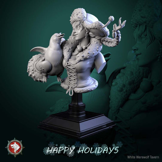 Render of Penguin Princess Bust | Winter Holiday Collector Bust: Winter girl bust in snowflake ushanka with braids and a penguin at her cheek, from White Werewolf's The Longest Night. 3D printed resin collector bust.