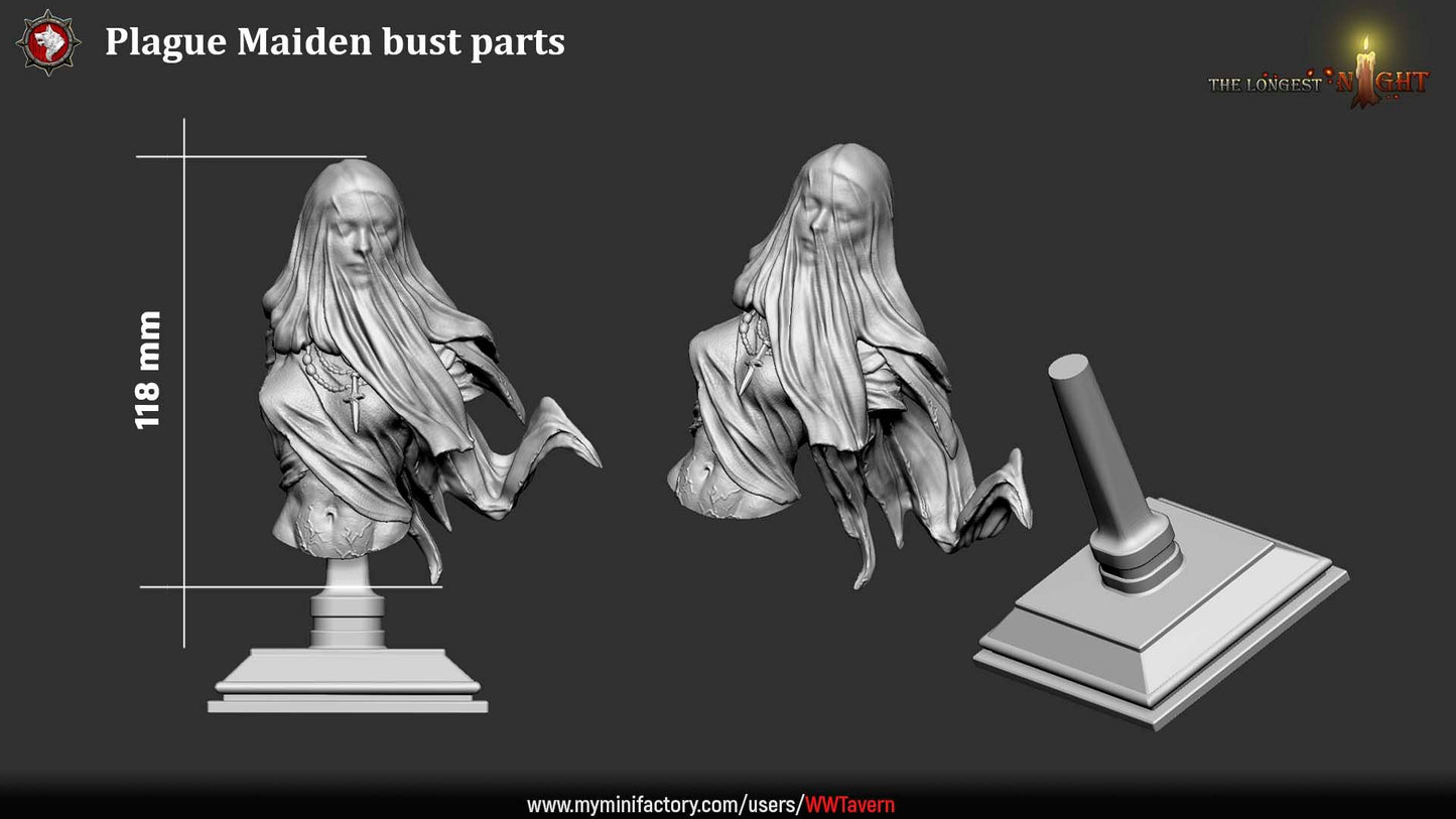 Render of Plague Maiden Bust | Undead Wraith Collector Bust: Veiled grave wraith bust with wind-blown shroud and bone pendant, from White Werewolf's The Longest Night. 3D printed resin collector bust with stand.