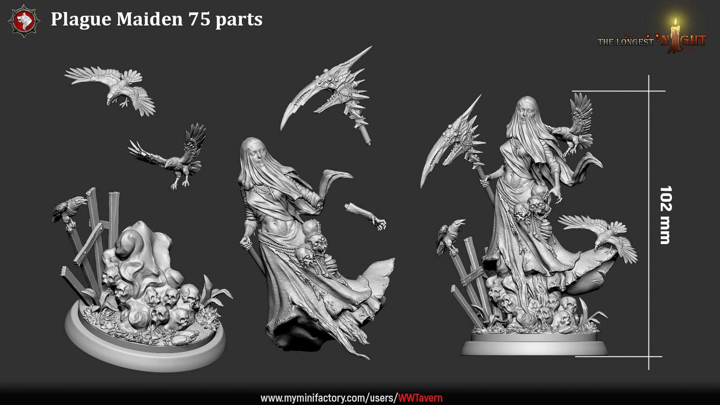 Render of Plague Maiden | 32-75mm Undead Wraith Miniature: Veiled grave wraith with bone scythe and ravens over a skull mound, from White Werewolf's The Longest Night. 32-75mm 3D printed resin undead miniature.