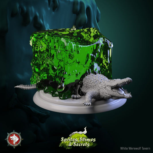 Render of Jelly with Animals Set | 32mm Engulfing Slime Miniatures: Honey jellies engulfing a horse and bear, and a primordial cube over a crocodile, from White Werewolf's Sprites, Slimes and Secrets. 32mm resin set.