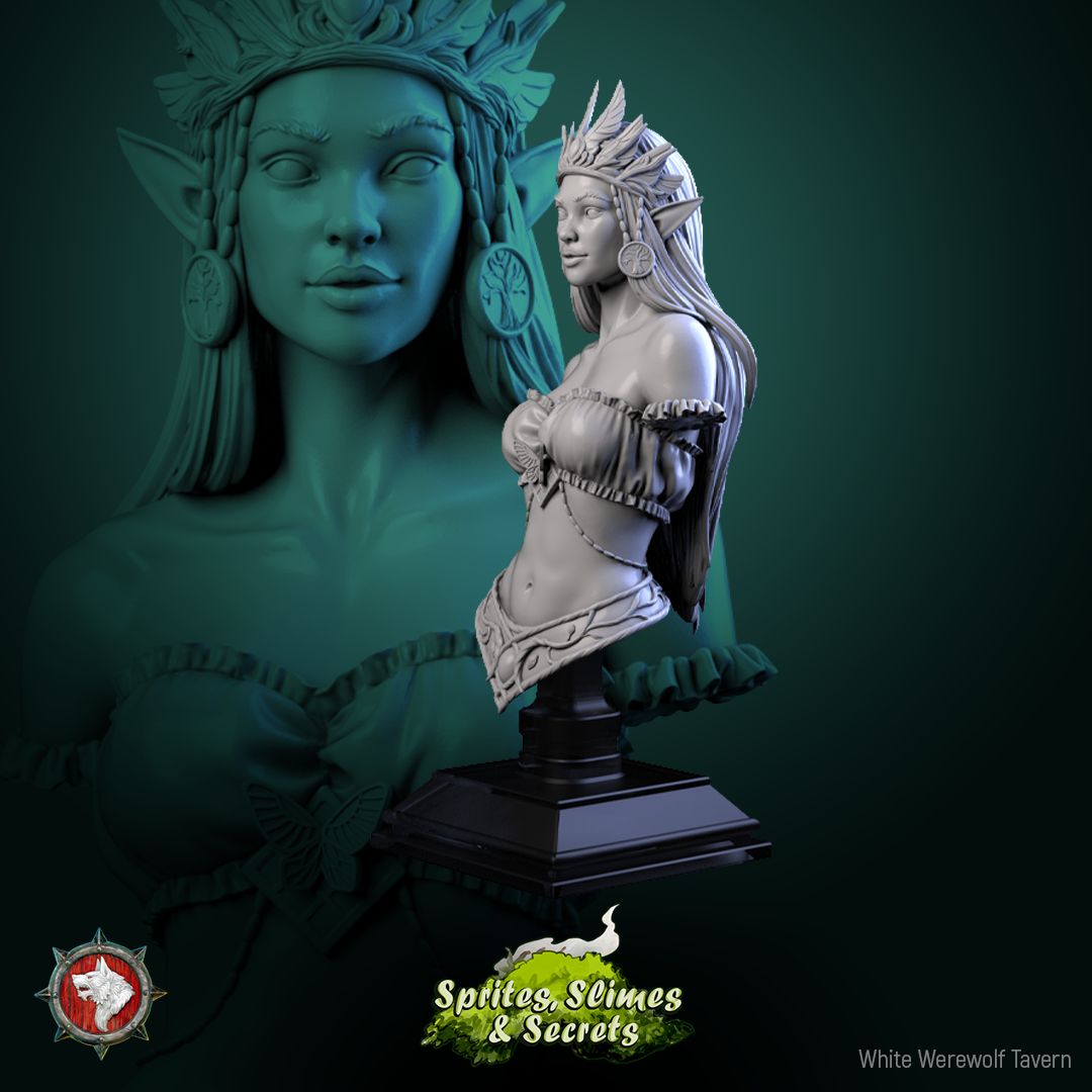 Render of Queen Eiraina Bust | Elf Queen Collector Bust: Crowned elf queen bust with tree-sigil earring, from White Werewolf's Sprites, Slimes and Secrets. 3D printed resin collector bust with stand.