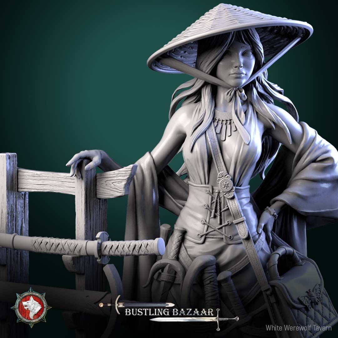 Render of Rika Sharpwind | 32-75mm Blade Merchant Miniature: Kasa-hatted swordswoman merchant with curved sword and weapon display rack, from White Werewolf's Bustling Bazaar. 32-75mm 3D printed resin miniature.