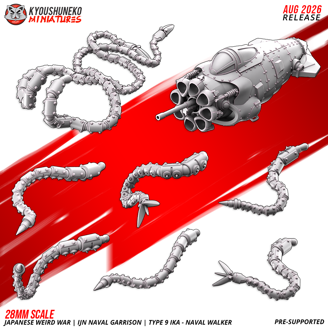 Type 9 IKAW Naval Walker component breakdown showing the armored hull with a clustered multi-barrel cannon and the separate segmented tentacle limb parts laid out