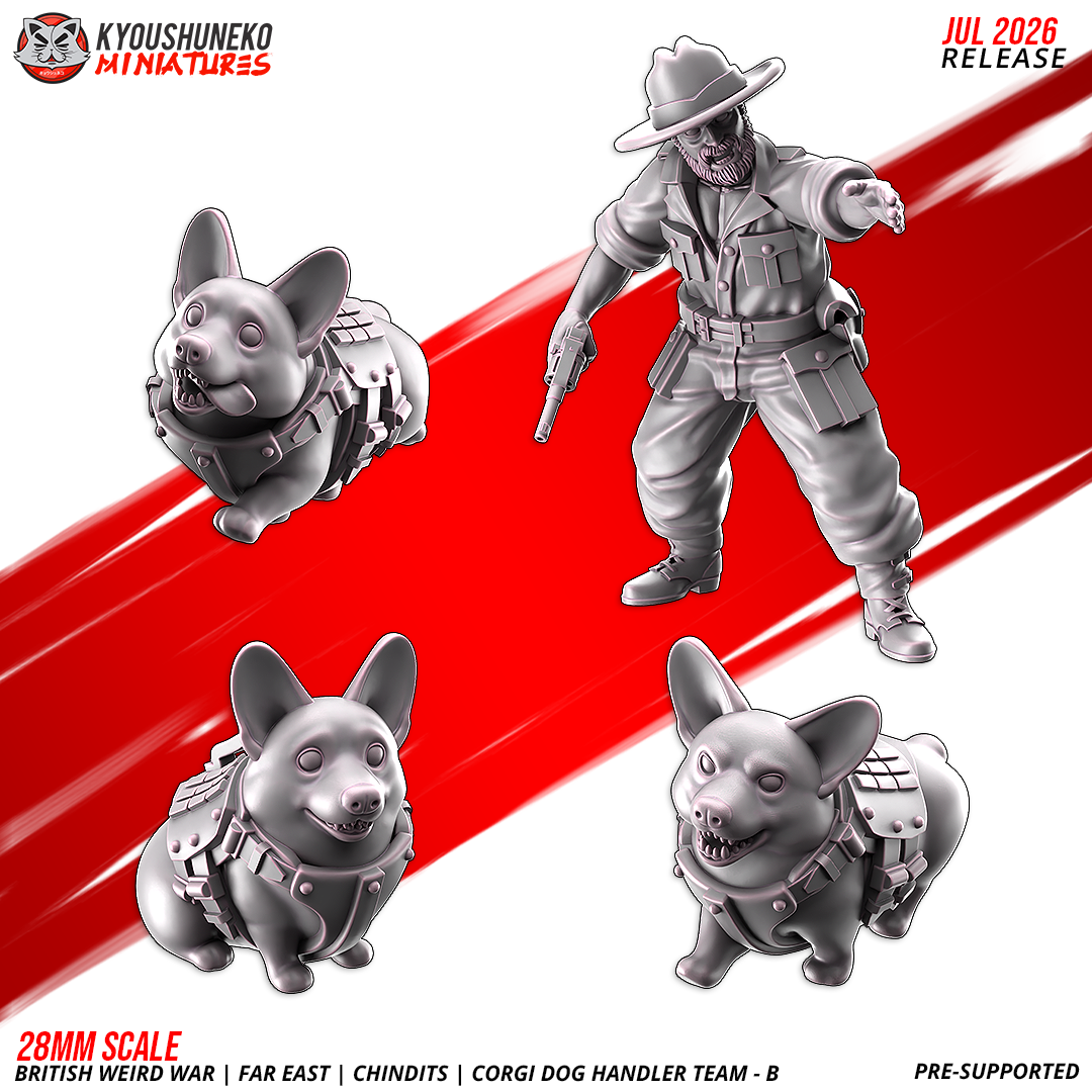 Chindit Corgi Dog Handler B resin sculpt with separate slouch-hat head and three armoured war-corgi poses